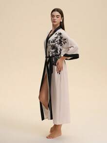 Japanese Style Loose New Chinese Chic Mid-Length Fashionable Elegant Printed Kimono Cardigan Robe, Casual Home Tie-Waist Yukata Sleepwear Thin Outerwear, Summer Beach Vacation Sexy Bikini Cover-Up - Grey - View 2