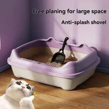 1 Pc Large Cat Litter Box, Designed For Large Cats To Prevent Urine From Spilling Out, Easy To Clean, Comes With A Shovel