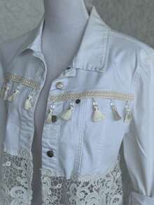 Women's Fashionable Lace-Trimmed Short Denim Jacket, With Lace Craftsmanship And Tassel Pendants, Casual White Denim Top, Suitable For Spring And Autumn. - 白色 - 查看 6
