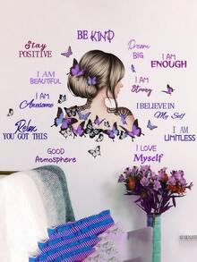 1pc Girl Silhouette English Slogan Butterfly Wall Sticker, Removable Matte Self-Adhesive Wall Decal For Living Room, Bedroom, Kids Room, Home Decor, Spring Decoration, Gift - Multicolor - View 4