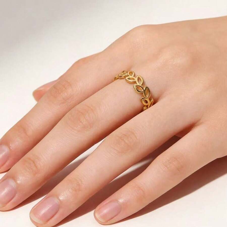 1 pezzo Anello regolabile elegante in acciaio inossidabile placcato oro con motivo a foglia traforata, adatto per uso quotidiano e come regalo per le vacanze - Come mostrato nella foto - Visualizzare 1
