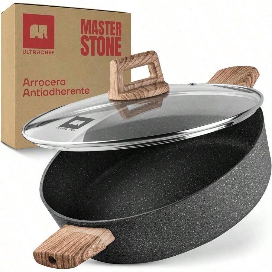 ULTRACHEF Arrocera Antiadherente Master Stone Tapadera de Vidrio Templado Revestimiento de Piedra de Alemania 100% libre de PFOA para estufa de inducción gas o eléctrica. Olla Baja Gris 3.8 L 28 cm - Multicolor - Ver 1