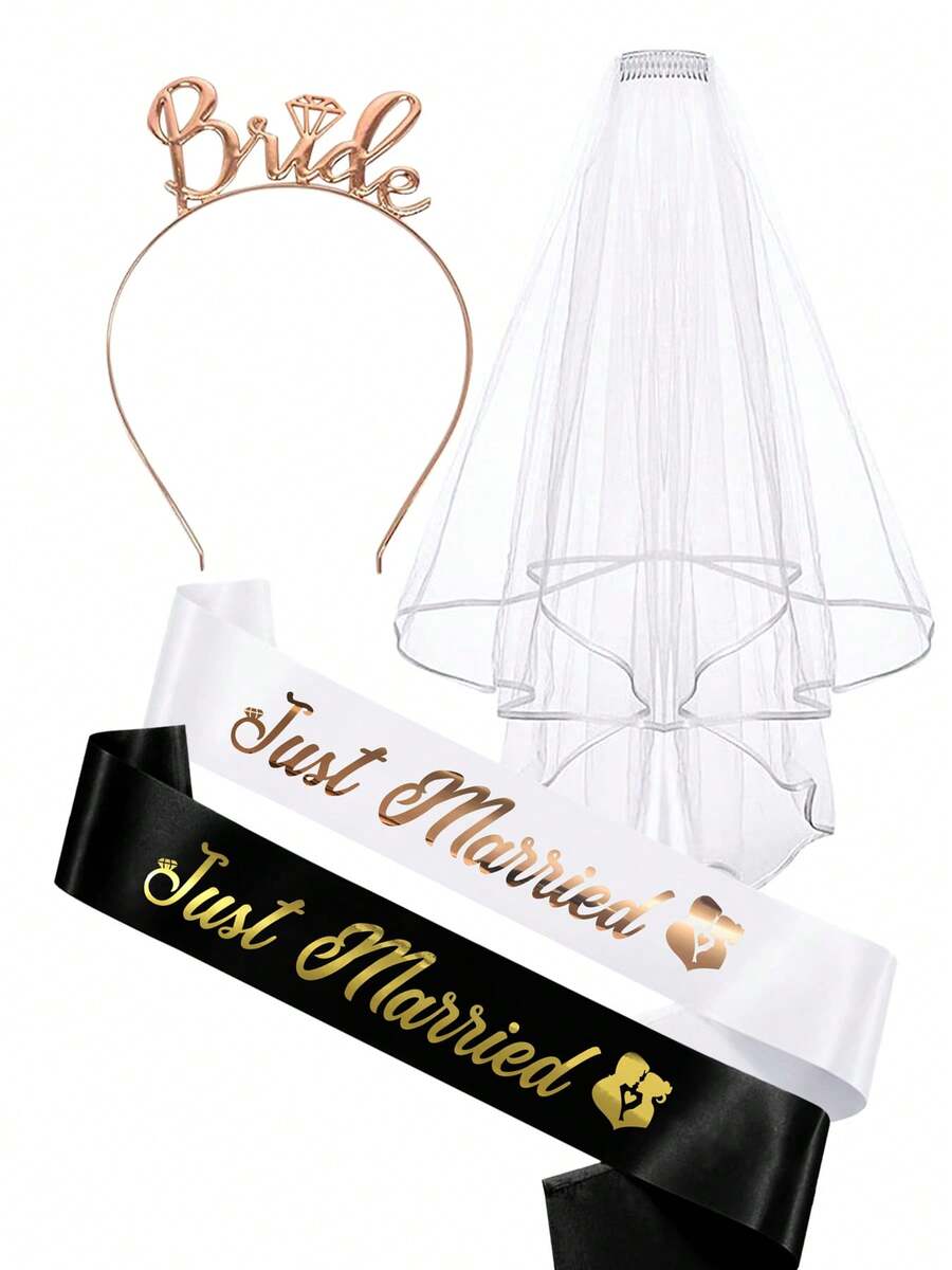 Bridal Sash And Veil, Bachelorette Party Accessories, Includes Crown, Bride Sash, Bridal Headpiece, Suitable For Bridal Shower, Rose Gold Wedding Bachelorette Party Decor, Fit For Bride, Bachelorette Party, Hen Night Games - Champagne - View 1