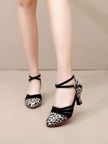 女士豹纹搭扣拉丁舞鞋，5厘米橡胶鞋底中跟，室内/室外凉鞋，适合练习、表演、舞厅、派对、时尚场合，舒适轻便。 - 黑色 - 查看 3