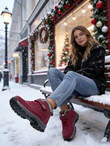Women's Faux Fur Snow Boots, Waterproof Winter Boots With Fleece Lining, Slip Resistant Hiking Boots For Women, Warm Ankle Boots With Lace-Up - Cozy Winter Gift - 紅色 - 查看 7