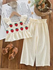 女童草莓印花套装，3D钩针编织短袖上衣+米色纹理阔腿裤，儿童甜美休闲两件套，夏季 - 杏色 - 查看 4