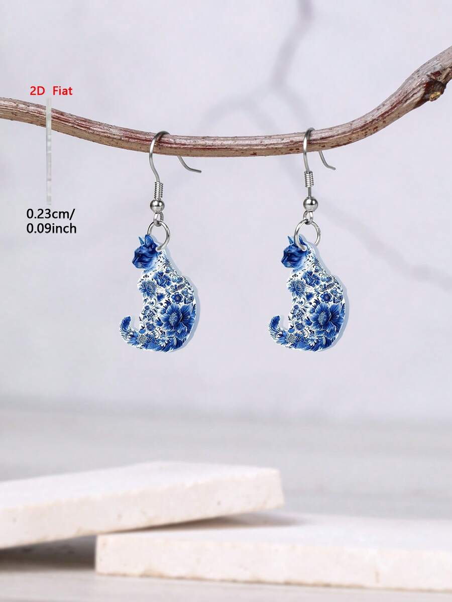 1 Đôi bông tai mặt dây chuyền hình mèo sứ xanh trắng thanh lịch, làm từ chất liệu acrylic, kiểu dáng tối giản dành cho nữ, phù hợp để đeo hàng ngày và trong các dịp lễ. - Màu xanh lam - Xem 1