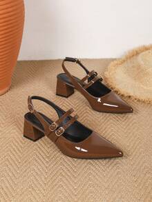 2026 Nuevos zapatos de mujer de punta marrón, tacones altos tipo Mary Jane con correa, sandalias de fiesta de tacón grueso de punta abierta y sin talón para damas - Marrón - Ver 7