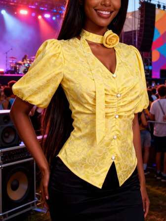 Blusa de mujer AOMEI Chic con cuello de lazo, mangas abullonadas y botones, en estilo jacquard amarillo con flores 3D para fiesta y cóctel