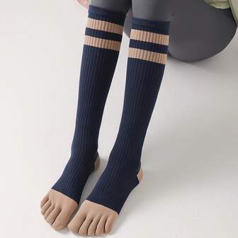 1 par de calcetines de yoga de cinco dedos - Antideslizantes, calcetines de barril alto transpirables con decoración a rayas, adecuados para pilates, fitness y uso en todas las estaciones, lavables a máquina, zapatos antideslizantes, estilo deportivo