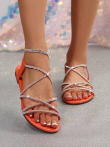 New Summer Peep Toe Strappy Criss-Cross Slip-On Elastic Band Flat Sandals For Women, European And American Style - Orange - View 3