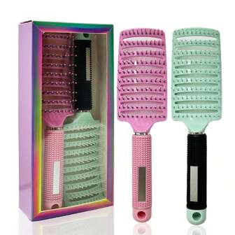 2pcs Gradient Color Nylon Comb Set (Gradient Pink + Gradient Purple / Black & White) - Wide Tooth Detangling Comb, Massage & Volumize Hair, Suitable For Home & Salon Use