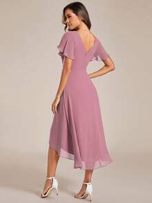 Women's Pleated V Neck Ruffles Sleeve Asymmetrical Hem Midi Dresses For Wedding Guest - Dusty Pink - View 3