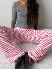 Womens Striped Summer Lounge Pants Matching Beach Vacation Travel Y2k - 粉色 - 查看 3