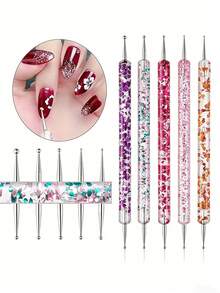 5PCS Professional Double-Ended Nail Tools - Diamond-Accented Carving & Dotting Pens, Wave Dotting & Sequins Application Brushes For Nail Decor - 彩色 - 查看 2