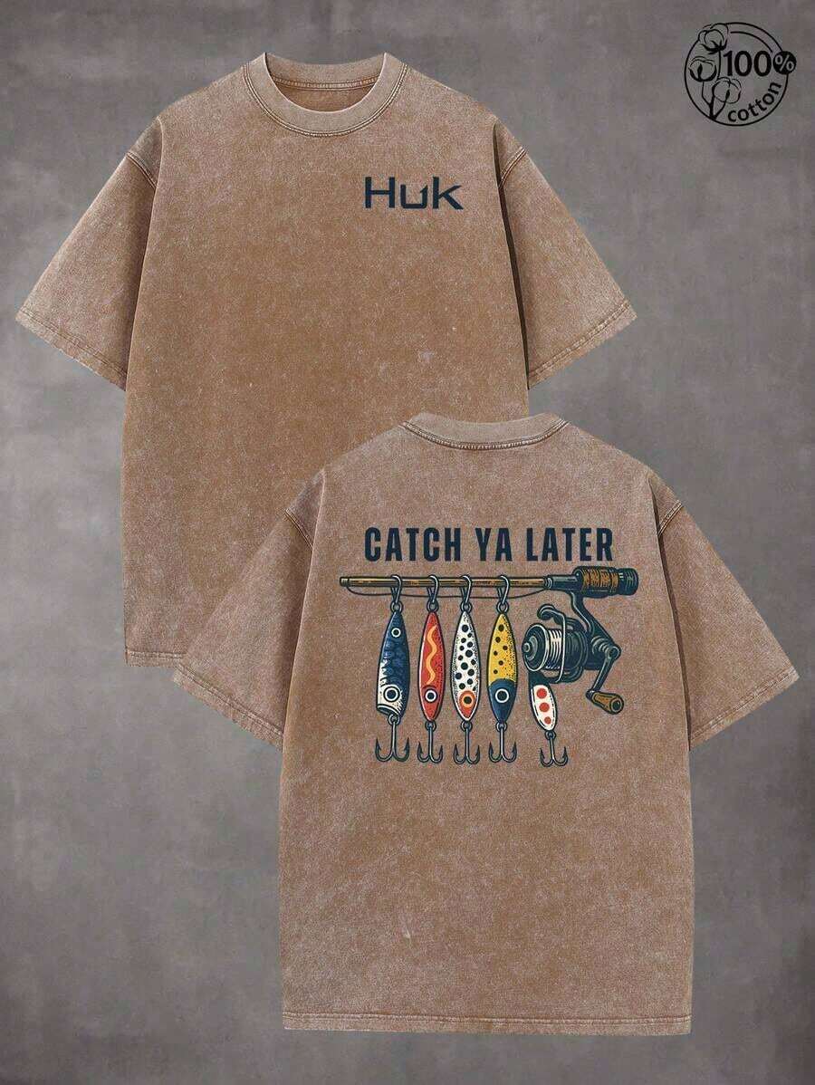 Summer Tops2026Retro "HUK" Fishing Pattern, CATCH YA LATER, Fishing T-Shirts, Men And Women's T-Shirts, Fall Clothes, 230G Wash Cotton High Quality Co - 咖啡棕 - 查看 1