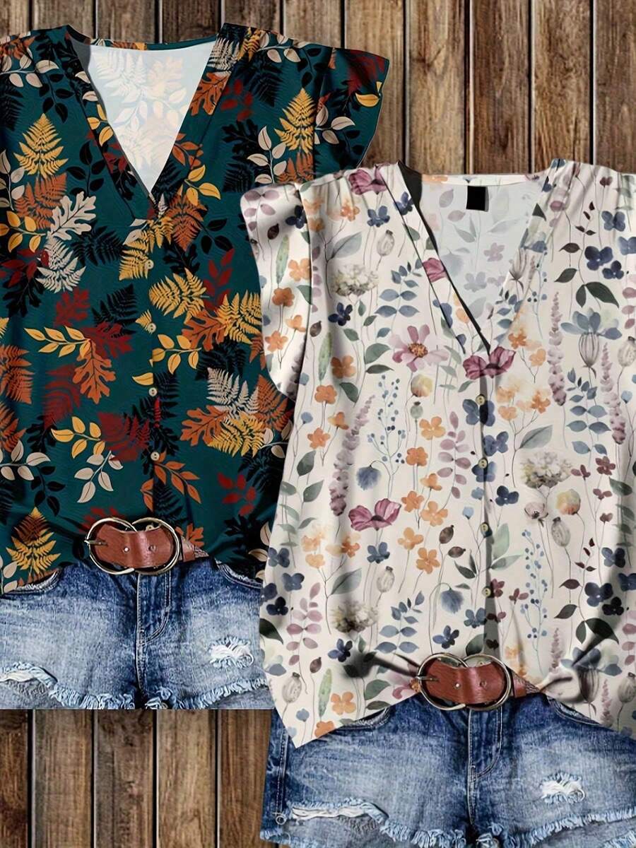 Boho Floral Print Sleeveless V-Neck Blouses: 2-Pack Flutter Sleeve Button-Front Tops For Spring Summer, Casual Everyday Wear, Holidays And Home Wear For Women. - 款式13(2件裝) - 查看 1