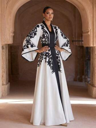 ชุดเดรสยาวสง่างามเรียบง่ายสำหรับเดือนรอมฎอน อีด ดูไบ อบายา คาฟตัน คาฟทาน เสื้อคลุมยาว Jalabiya Thobe สำหรับผู้หญิง ปักลายดอกไม้ ขอบตัดกัน แขนกระดิ่ง คอวี มีเข็มขัด ทรงเอ ยาวคลุมพื้น ชุดออกงานทางการ ชุดเพื่อนเจ้าสาวมุสลิม ชุดอิสลามอาหรับ