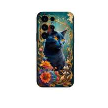 1PC Phone Case ,  Blue Cat Floral Gold Vine , Stylish Phone Case, Phone Decoration, All-around Lens Protection, Creative Small Gift, Funny Gift for Boys and Girls - Negro - Ver 7