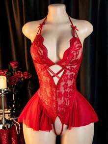 1PC Lingerie Jumpsuit Women's Open-End Flirting Hollow Uniform Lingerie - 紅色 - 查看 1