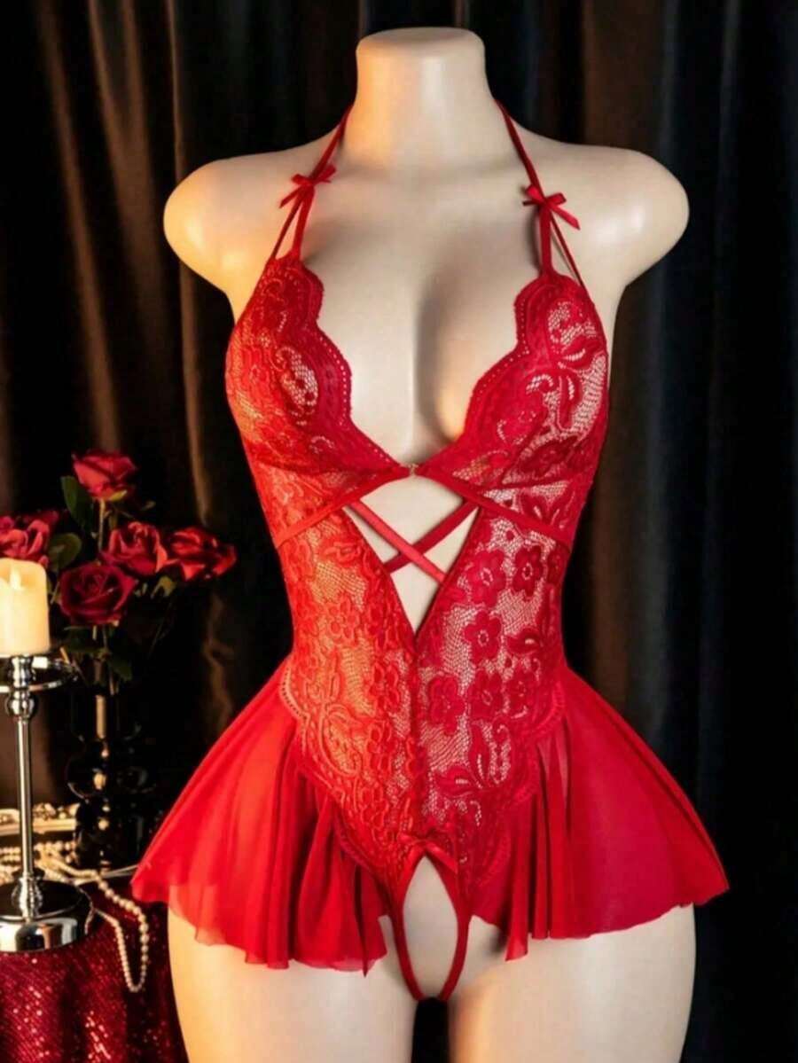 1PC Lingerie Jumpsuit Women's Open-End Flirting Hollow Uniform Lingerie - 紅色 - 查看 1