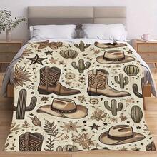 Retro Western Cowboy Theme, Cowboy Boots, Cowboy Hats, Cacti, Feather Design Patterns, Modern Home Style,Super Soft Flannel Printed  Blanket,As Birthday Gifts, Family, Wedding, Souvenir Blankets, Polyester Blankets Suitable For All Seasons, Washable, Machine Washable, Lightweight, Breathable, Comfortable, Warm, Unique, 280gsm For Him, Her Personalized Ideal Gifts For Her, Him, Family, Boyfriend, Girlfriend, Father, Family, Mother, Lover, Daughter, Son, Grandfather, Grandmother, Teacher,Doctor, Nurse,Friend, Classmate, Pet.Perfect Nap, Camping, Travel, Home, Daily Life, Office Decoration, Birthday, Anniversary, Valentine's Day, Thanksgiving, Graduation Season,Christmas, Halloween, Mother's Day, Father's Day, Wedding, New Year Gifts ,Sofa,Bed,Car,Bedroom,Living Room,Office,  Outdoor Camping, Beach,Wall Decoration - 多色26 - 查看 2