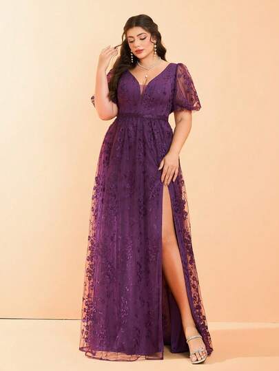MGIACY Plus Size Purple Floral Lace V-Neck Puff Sleeve High Slit A-Line Long Dress, Elegant Women Summer Wedding, Ball, Party And Holiday Gown