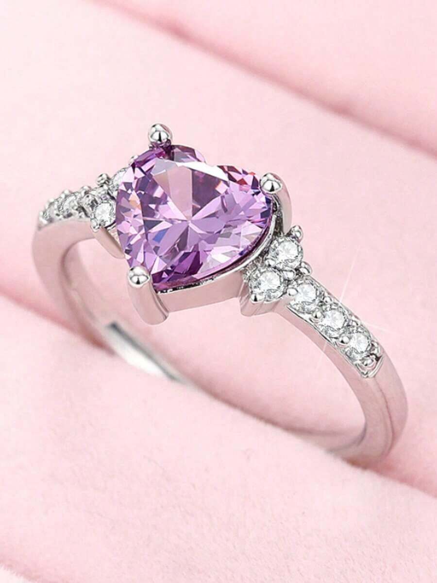 1pc Stainless Steel 18K Gold Plated Natural Amethyst Cubic Zirconia Ring, Fashion Wedding Heart Shaped Jewelry Women, Valentine's Day, Best Friends Valentines,Mom,Mother,Mother's Day, Best Valentine's Day - Màu tím - Xem 1