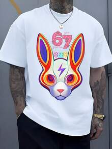 Multicolored Rabbit Head With Vibrant Ears, Hypnotic Eyes, And A Lightning Bolt On Its Forehead Conveying Youthful Energy, Featuring The Number 67 And The Word "Men's T-Shirt," 220g, 100% Cotton - 白色 - 查看 8