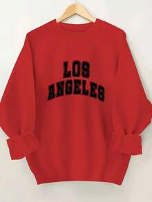 Crew Neck Sweatshirt With Los Angeles Letter Print - Red - View 1