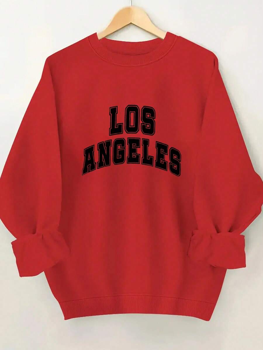Crew Neck Sweatshirt With Los Angeles Letter Print - Red - View 1