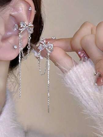1 Pair Luxury Zirconia Crystal Butterfly & Tassel Ear Cuff Earrings, Romantic Design Elegant Earrings For Versatile Wear