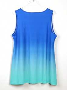 Plus Size Casual Vacation Sleeveless Tank Top, Women's Ombre Print Elastic Round Neck Tank Top For Summer - Blue - View 3