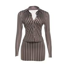 New Spring/Autumn Fashionable And Simple Striped Long-Sleeved Collared Button-Down Sexy Bodycon Mini Skirt Set - 棕色 - 查看 6