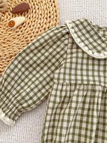 Girls' Plaid Peter Pan Collar Long Sleeve Dress, Sweet Princess Style, Spring/Autumn - Green - View 4