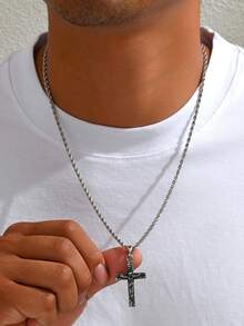1pc Men's Vintage Stainless Steel Jesus Cross Pendant Necklace, Distressed Texture Crucifix Necklace, Versatile Hiphop Style Necklace Suitable For Fashionable And Retro Faith Outfits - White - View 5