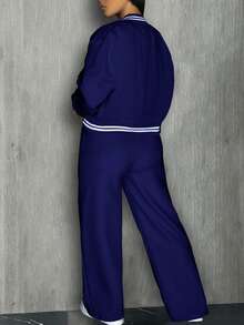 女士纯色棒球夹克，带口袋运动服，户外露营运动套装，抽绳短款连帽运动服 - 深藍色 - 查看 3