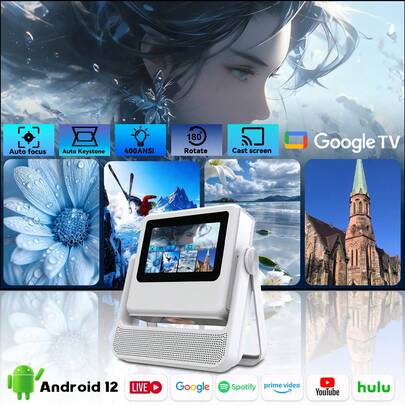  DONGYING Neuer Projektor, Dual-Screen-Anzeige, Android 12 Projektor, Native 1080P, unterstützt 4K, WiFi6, unterstützt Autofokus und Trapezkorrektur, tragbarer Projektor mit eingebautem Lautsprecher, unterstützt App-Download, kompatibel mit Smartphones, Computern und mehr, geeignet für Heimkino, Bürobesprechungen, Dekorationen, Geschenke