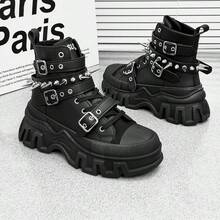 3pcs Men's Fashionable Thick Sole Elevated Motorcycle Boots, Solid Color Casual Punk Preppy Style Outdoor, Rivet Decor Removable & Versatile, Suitable For All Seasons