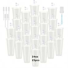 KAFUFU 25-Pack 24oz Pink Tumblers With Dust Caps - Reusable Drink Bottles & Party Cups For Coffee, Car Travel | Valentine's Day Gift Set, Includes Straws & Brushes, Bulk Orders Welcome (25, White) - 白色 - 查看 9