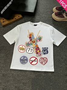 Girls & Teenagers Students Casual Printed Black Crew Neck Short Sleeve T-Shirt Top, Summer - 白色 - 查看 2