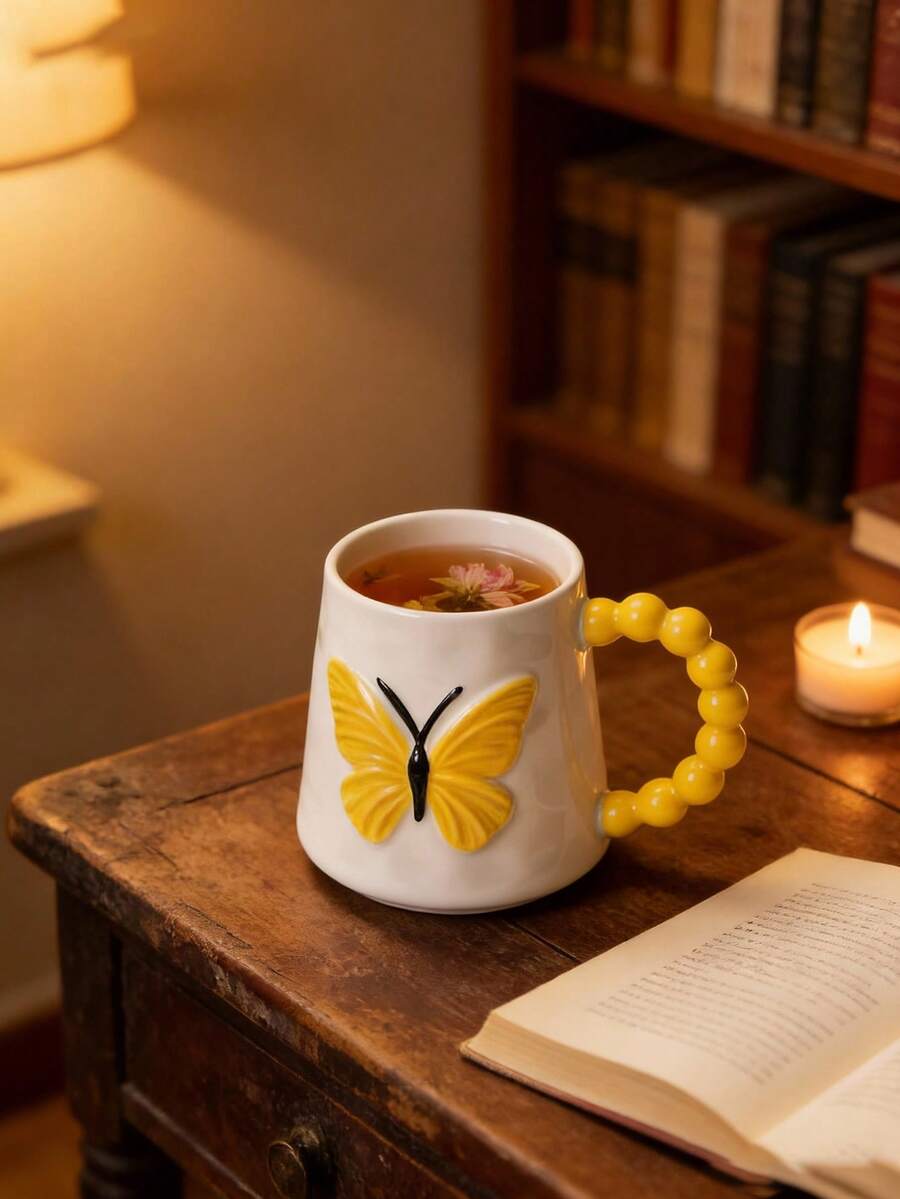 3D立体蝴蝶陶瓷咖啡杯、茶杯和茶壶套装，家用瓷杯，带圆珠笔手柄，适用于咖啡/茶，时尚设计，是送给女性、斋月、节日、聚会、居家或办公的理想礼物 - 彩色 - 查看 1