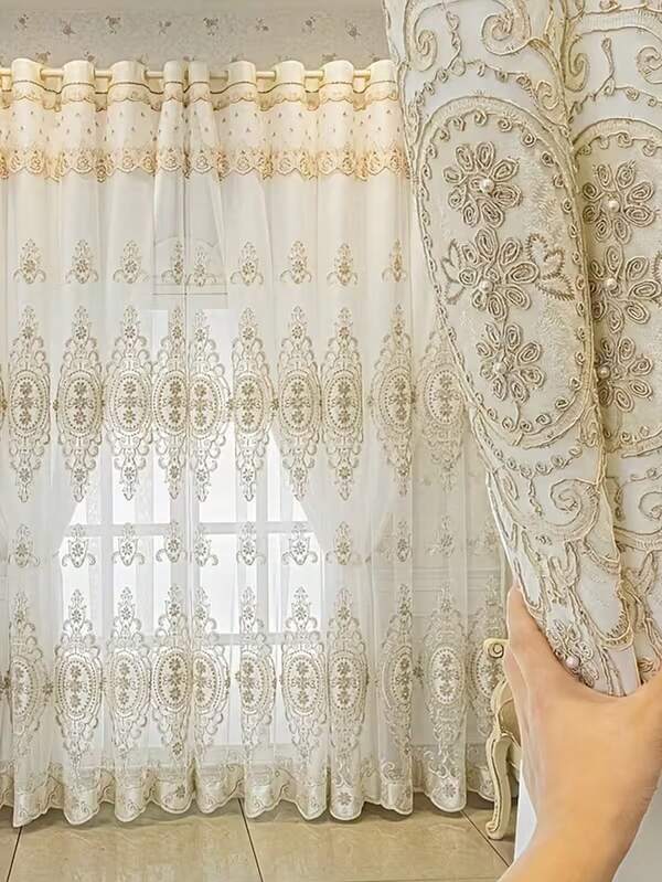 1pc [Punched Hole Design] European Style Double-Layer Multi-Color Blackout Curtain, Sheer Voile + Blackout Curtain 2-In-1, 3D Metallic Embroidered Floral, Quick Installation, Suitable For Bedroom/Living Room/Dining Room/Master Bedroom/Guest Room/Balcony Sliding Door, Blackout, Thermal Insulation, Sun Blocking