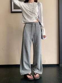 休闲抽绳腰宽松直筒裤，宽松版型，显瘦，秋季款 - 灰色 - 查看 4