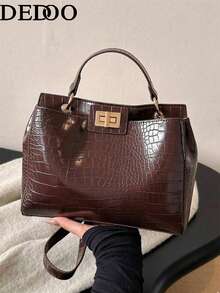 Dedoo 多功能通勤包，时尚女士手提包，优雅斜挎单肩包，高端鳄鱼纹PU托特包 - 咖啡棕 - 查看 9