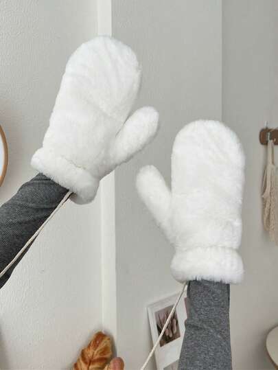 1 Pair Women's Fluffy Mittens Gloves, Warm Thick Thermal Lined, Suitable For Outdoor Cycling, Winter