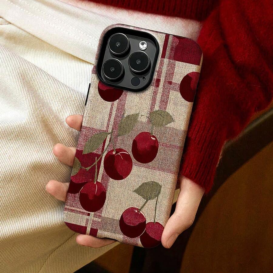 Funda de Teléfono a Cuadros Rojo Cereza, Diseño de Doble Capa a Prueba de Golpes, Duradera y Compatible con los Modelos 17, 16, 15, 14, 13, 12, 11, 8, 7, X, XS, XR, Plus, Air, Pro, Max, SE3, SE2.Regalo de vacaciones perfecto - Colores mixtos - Ver 1