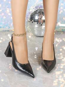 7厘米黑色高跟鞋，粗跟露趾派对高跟鞋，婚鞋，正式礼服鞋，后系带尖头凉鞋 - 黑色 - 查看 4