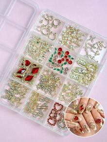 1Box Y2K Golden Nail Charms 3D Alloy Bow Rose Cross Butterfly Rhombus Heart Water Diamond Currency French Photo Frame Retro Flat-Bottomed Drill Versatile Nail Art Accessories DIY - Multicolor - View 6