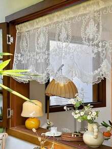 1pc White Flower Embroidered Lace Semi-Sheer Curtain Panel, French Style For Living Room Or Bedroom - White - View 1